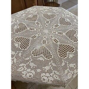 Large Vintage Cream Round Crocheted Lace Tablecloth Table Cover 59” Diameter